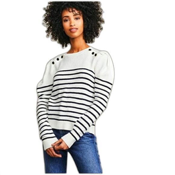 Joie Ruthine Sweater, Breton Stripes, Puff Sleeves, Buttons, Crew Neck, Sz M - Picture 1 of 11